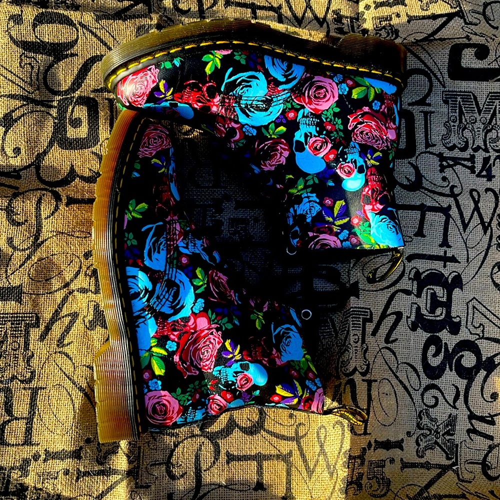 Dr. Martens Floral Combat Boots in Black with Blue and Pink Roses